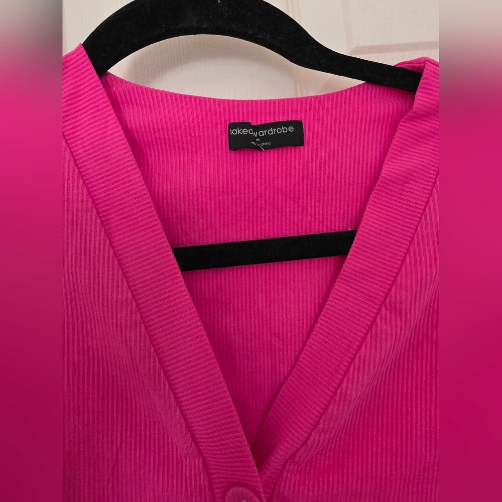 Pink Ribbed Button-Up Crop Cardigan - Picture 3 of 4